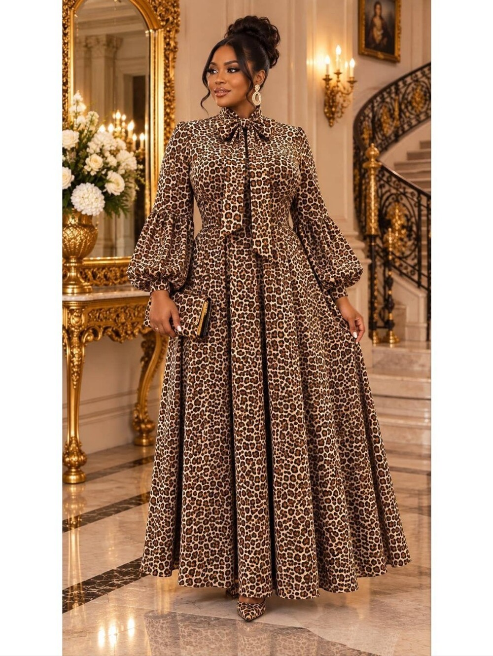 Leopard-Print Long Sleeve Maxi Dress - Brown